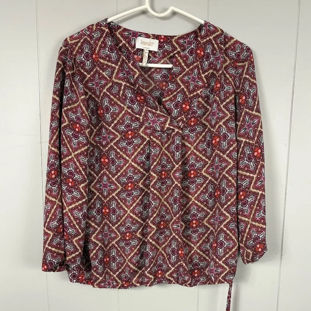 Laundry by Shelli Segal Tunic Top Adjustable Waist Boho Geometric Bishop Sleeve